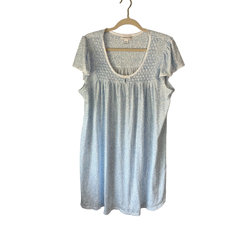 Miss Elaine Blue White Leaf Print Smocked Lace Trim Nightgown XL Short Sleeve